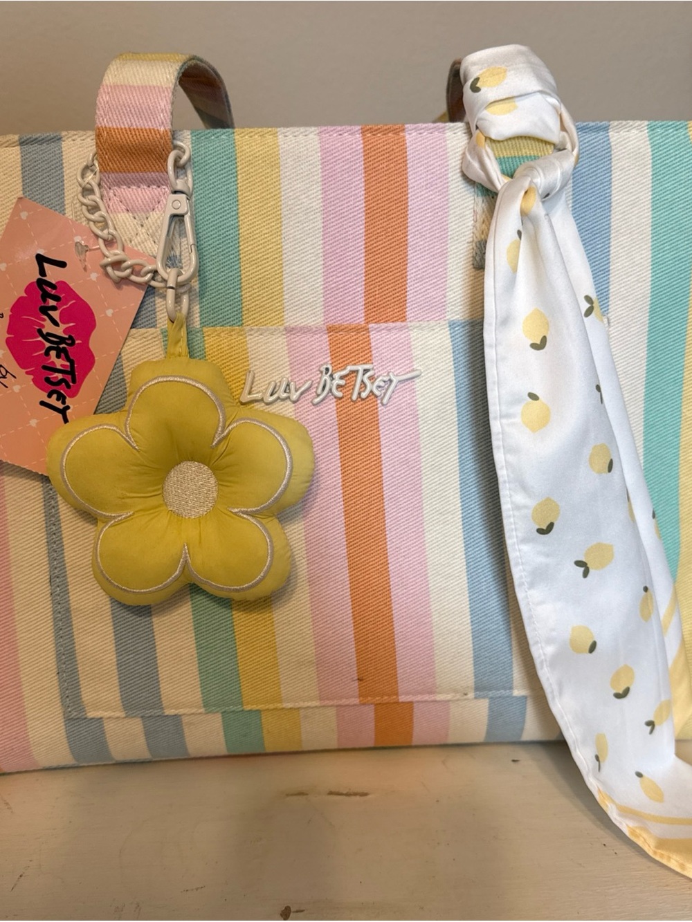 Luv Betsey Pastel Stripe Tote Bag with Yellow Flower Charm